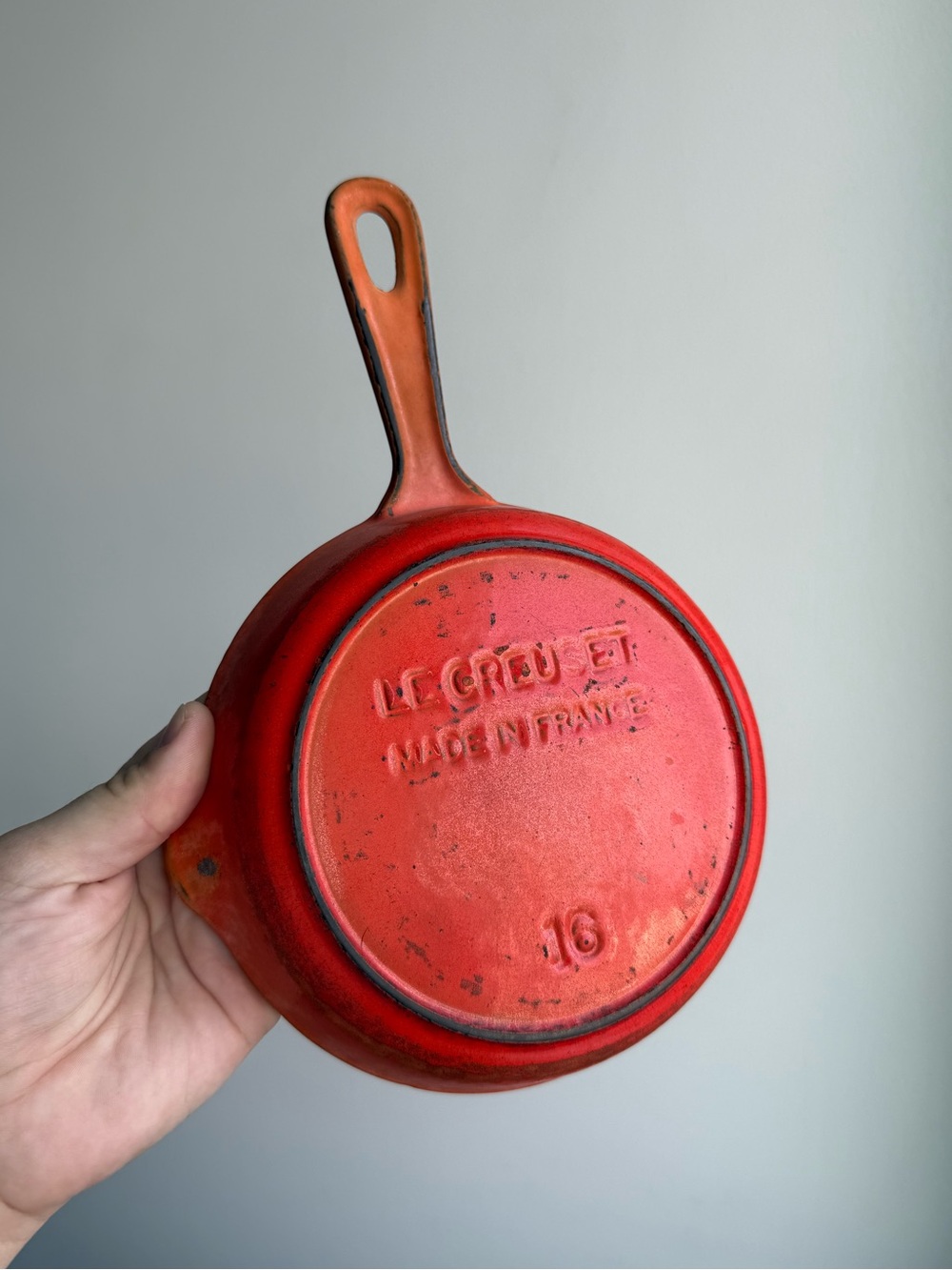 Vintage LE CREUSET #16 Made in France Flame Orange Enamel 6.25" Cast Iron Pan